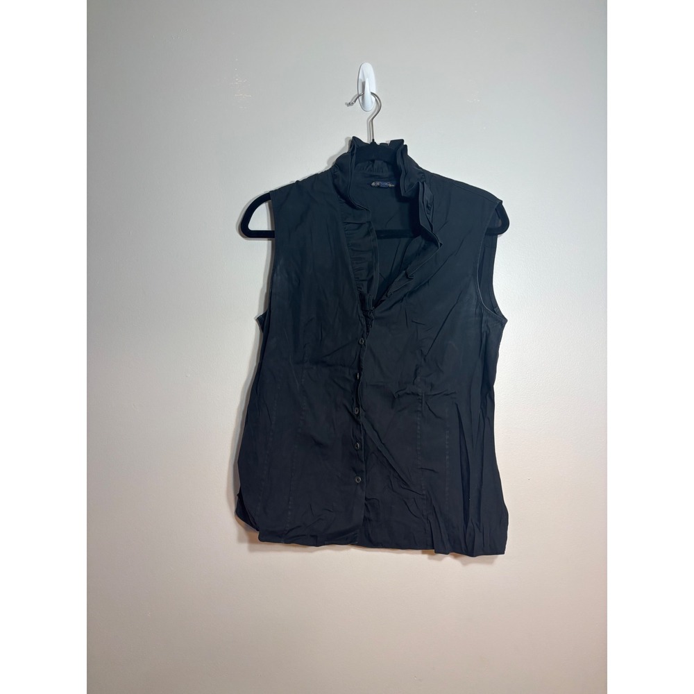 Brooks‎ Brothers Womens Black Ruffle Neck Sleeveless Button Down Blouse Size 12